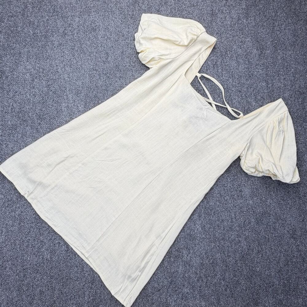 LILOU Cottagecore Puff Sleeve Mini Dress Cream Linen Blend Large